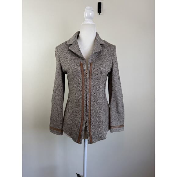 St. John Collection Blazer Jacket 4 S Chevron Wool Blend Brown Tan Unlined Zip - Picture 1 of 13